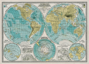 Hemispheres Map, Vintage Poster: papel decorativo
